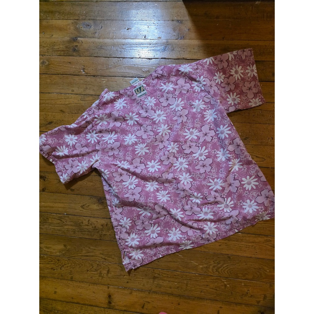 Vintage UA Scrubs Pink White Floral Daisy Print V-Neck Medical Scrub Top Pockets - Picture 3 of 3